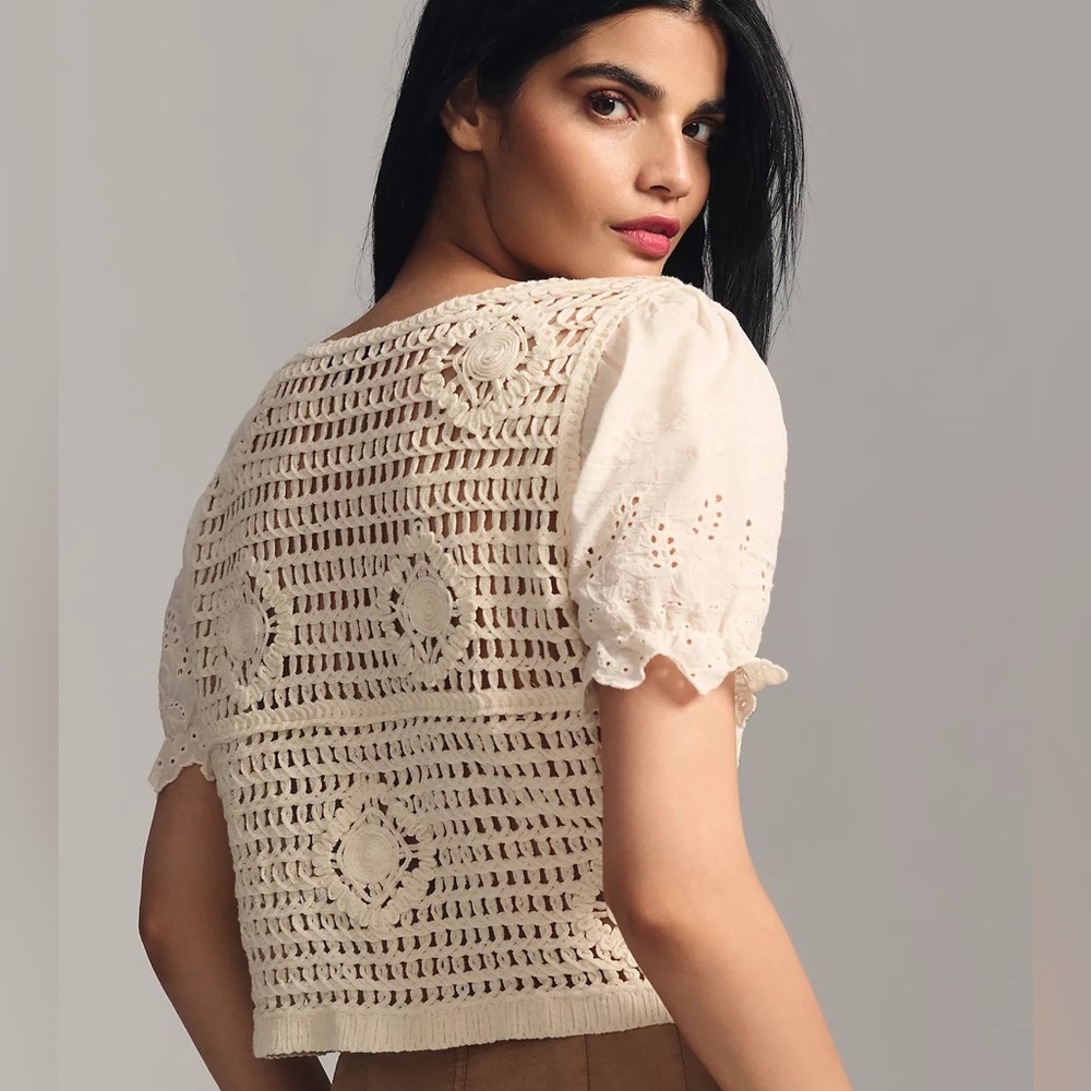 Anthropologie NVLT Cropped Puff-Sleeve Cardigan Sweater